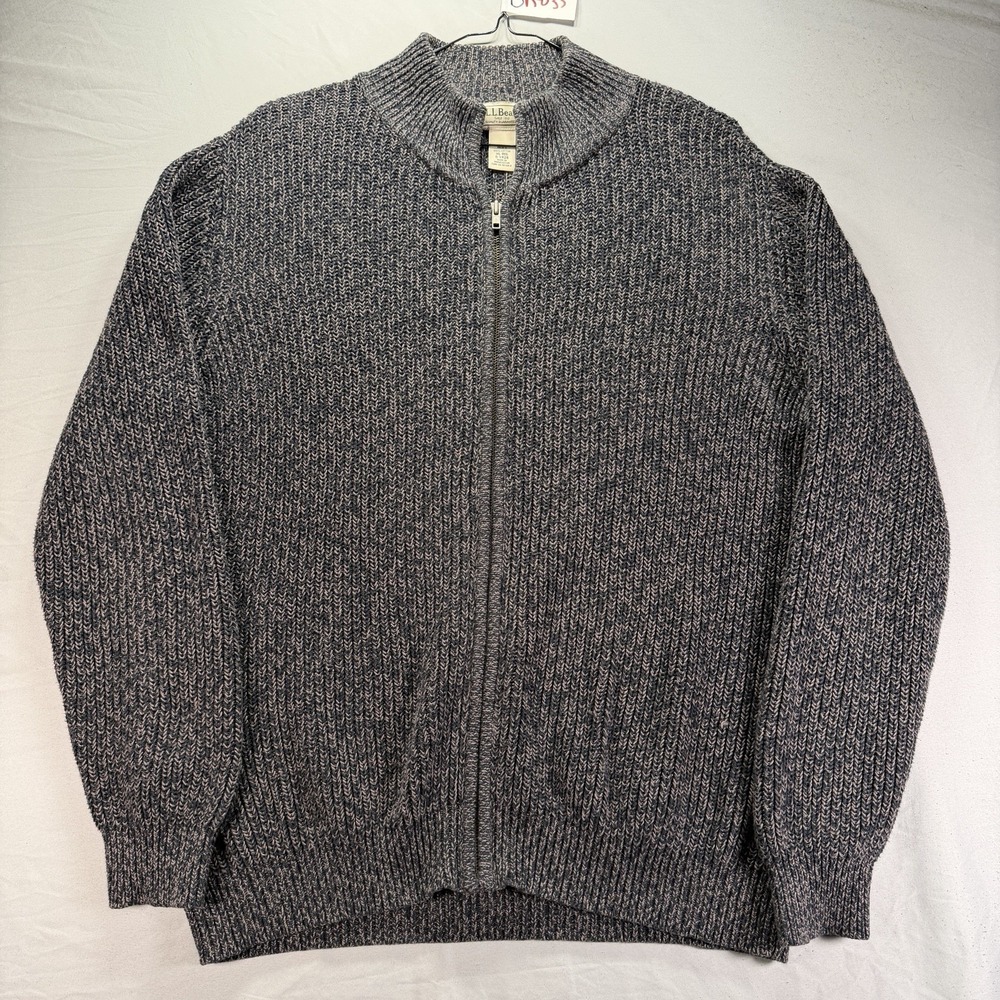 LL Bean Sweater Mens XL Gray Chunky Knit Full Zip Thick Cotton Heavy Warm